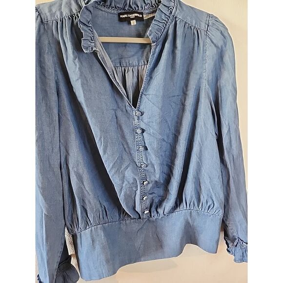 Karl Lagerfeld Paris Denim Chambray Button-Down Blouse Size M - Picture 2 of 4